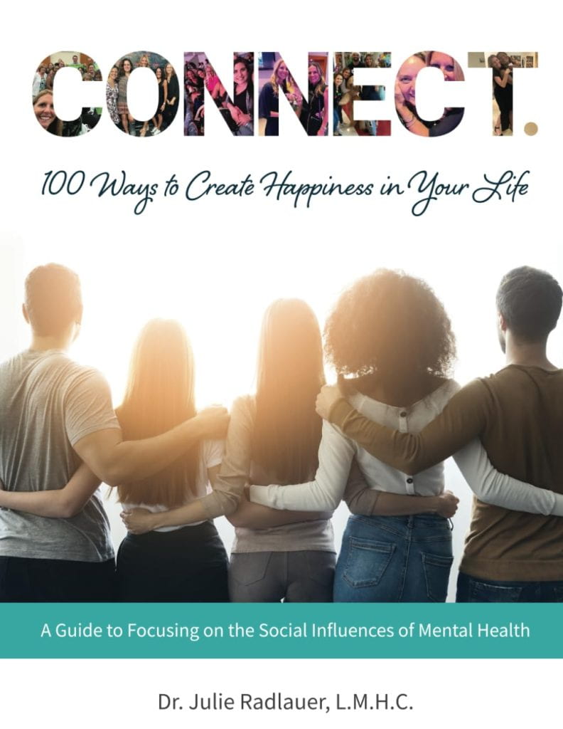 Book Cover.  CONNECT. 100 Ways to Create Happiness in Your Life: A Guide to Focusing on the Social Influences of Mental Health